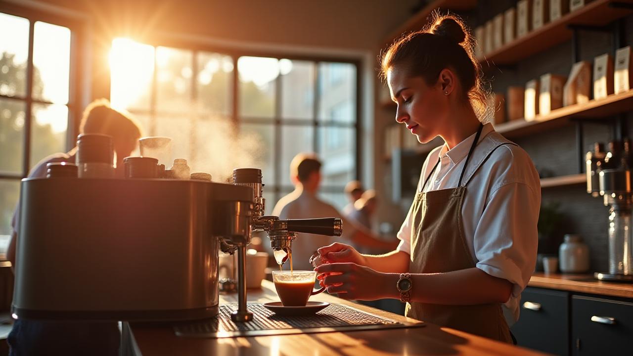 Bustling modern cafe interior in San Diego with baristas working